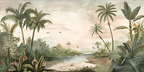 Wallpaper serene tropical landscape painting in pastel tones