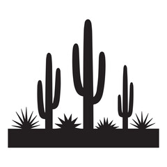 Vector art of a silhouette of cacti in the desert landscape, isolated on white background