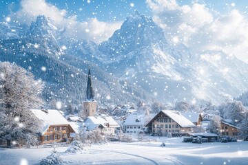 Snowy alpine village nestled in mountains