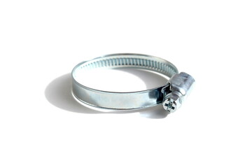 There is one iron clamp for repairing pipes lying on a white background.	
