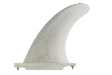 White surfboard fin showcasing sleek, curved profile with smooth texture, resting against transparent backdrop
