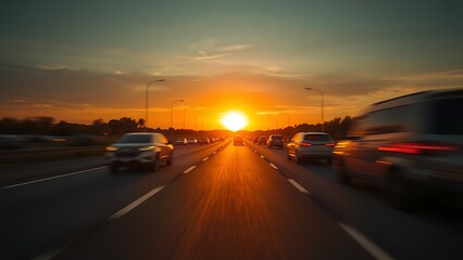 Sunset highway with blurred motion and warm golden light.