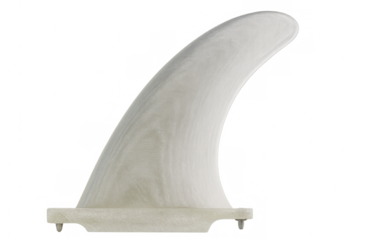White surfboard fin showcasing sleek, curved profile with smooth texture, resting against transparent backdrop