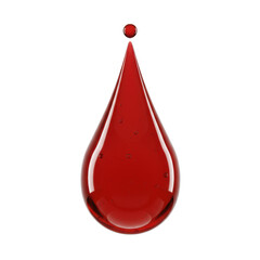 Obraz premium Large, deep crimson red blood drop, glossy and luminous, with trapped air bubbles and a smaller droplet poised to fall, on a transparent studio background, captured in a UHD macro shot from a high