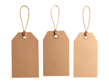 Set of three Brown Hanging Tags with Curved Strings, Scattered Layout, Transparent Cutout.