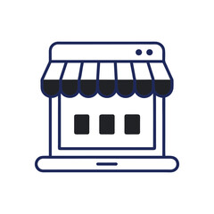 Illustration of a laptop displaying a storefront with awnings isolated on white background