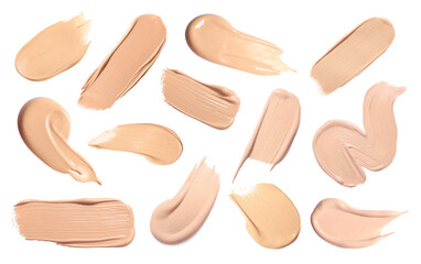 Skin foundation in different shades on white background, set. Palette of cosmetic product