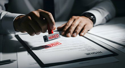 Close-up of Human Hand Stamping 'Hired' on Employment Contract, Symbolizing Job Approval and New Beginnings