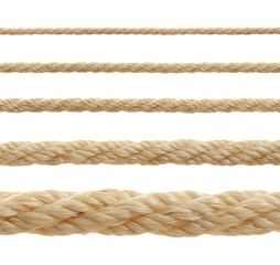 Ropes of different thickness isolated on white, set