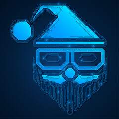 Futuristic cyber Santa. A digital portrait in glasses, with a hat, beard and moustache, stylized as electronic tracks of a printed circuit board.