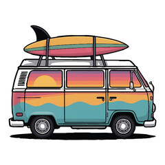 Vector art of a vintage surf van with a surfboard on top is isolated on white background