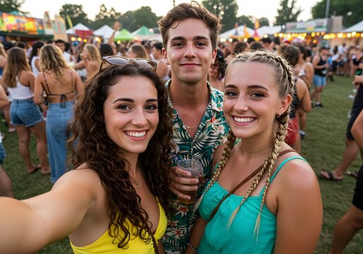 Happy Friends Taking a Selfie at a Lively Music Festival - Powered by Adobe