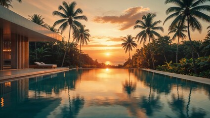 Stunning sunset over an infinity pool, framed by palm trees and a modern villa.