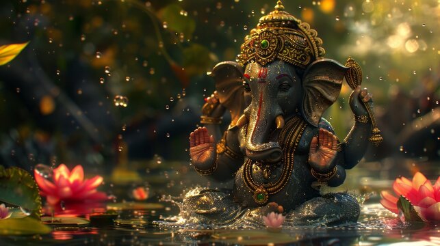 Ganesha baby hindu god india festival celebration water flowers religious deity high defination