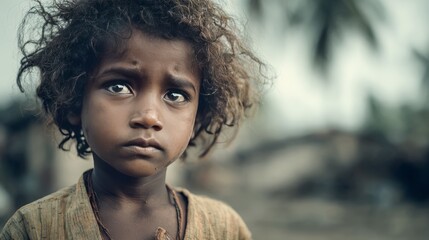 Close-Up of Young Indian Boy with Expressive Eyes in Poverty Scene