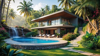 Stunning luxury villa in a tropical paradise with a beautiful pool and lush garden.