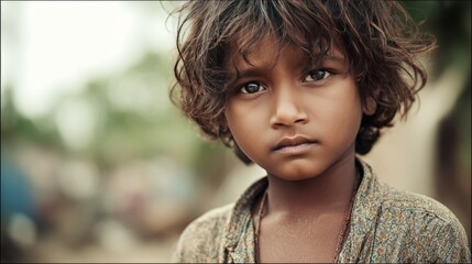Close-Up of Young Indian Boy with Expressive Eyes in Poverty Scene