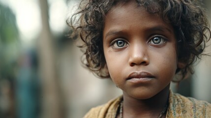 Close-Up of Young Indian Boy with Expressive Eyes in Poverty Scene