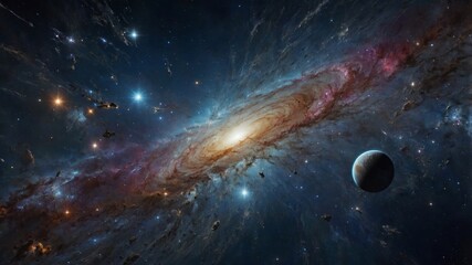 Fototapeta premium Vibrant spiral galaxy with a planet and countless stars in the cosmos.