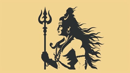 Graphic Silhouette Icon of Lord Shiva Holding Trident on Yellow Background