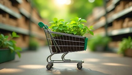 Shopping cart filled plant eco consumerism. Eco friendly purchase, sustainable market promoted. Green product innovation, responsible consumption. New lifecycle starts, created with generative ai