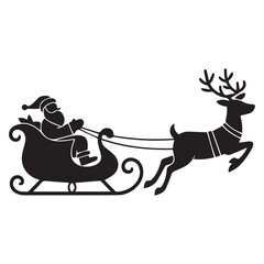 Vector art of santa claus rides in a sleigh pulled by a reindeer silhouette isolated on white background
