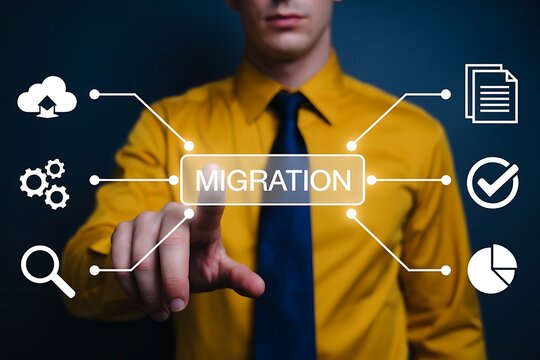 Businessman pointing at a digital screen displaying the word migration with related icons