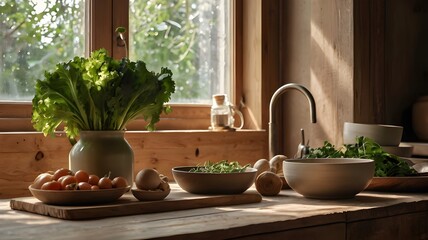 Elegant kitchen interior with sustainable ceramic dinnerware and fresh organic vegetables on reclaimed wood island, soft earthy tones,taupe, green, brown, Generative Ai
