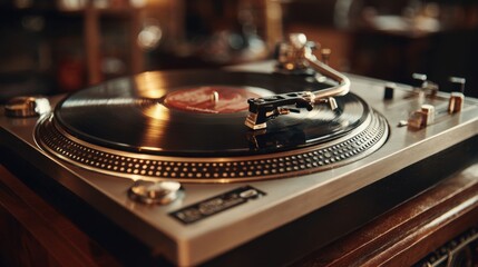 A sleek turntable plays a vinyl record in a warmly lit retro cafe, evoking nostalgia and ambiance as patrons enjoy their evening. The warm hues and soft lighting create a relaxed atmosphere.