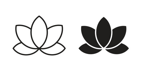 Lotus flower icon. Stroke and Glyph pictogram. Vector illustration on white background
