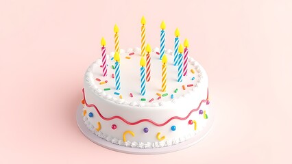 Colorful 3D birthday cake with festive frosting and candles, rendered in isometric studio lighting.