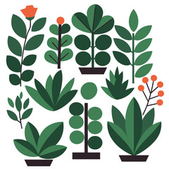 Various green plants and flowers in flat design style  