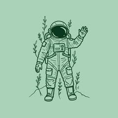 Astronaut standing among plants and waving in graphic design style  