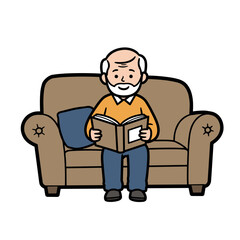 Elderly man reading a book while sitting on a sofa at home  