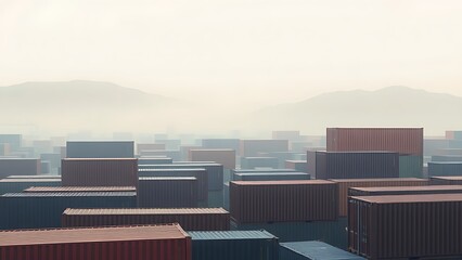 Abstract industrial landscape with geometric shipping containers in muted colors under morning fog.