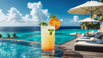 Obraz premium Enjoy a cocktail poolside, with an orange slice and a stunning ocean view in the background.