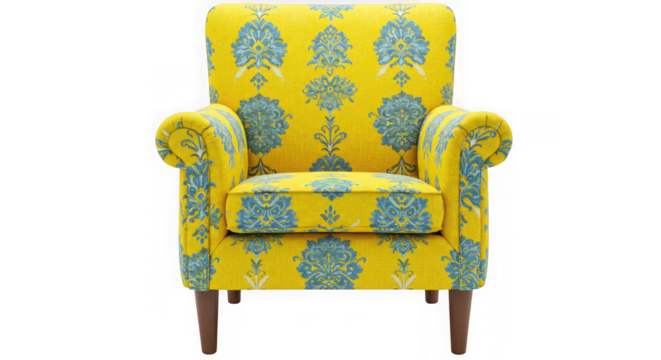Bright yellow armchair with blue damask pattern isolated on transparent background - Powered by Adobe