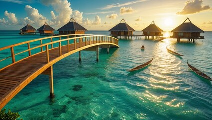 Overwater bungalows in a tropical paradise at sunset, offering a luxurious getaway.