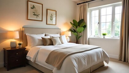 Comfortable bed with beautiful linens and decor in bedroom, Cozy fall bedroom decor, created with generative ai
