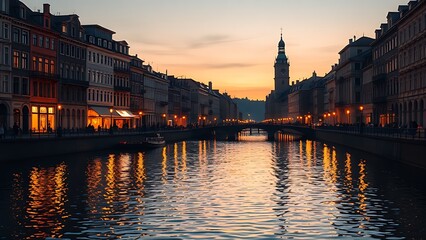 Canals reflecting golden city lights at dusk, portraying serene European charm.