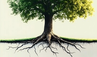 Tree roots and green leaves  stretching from the base of the trunk into the distance, simple, tree