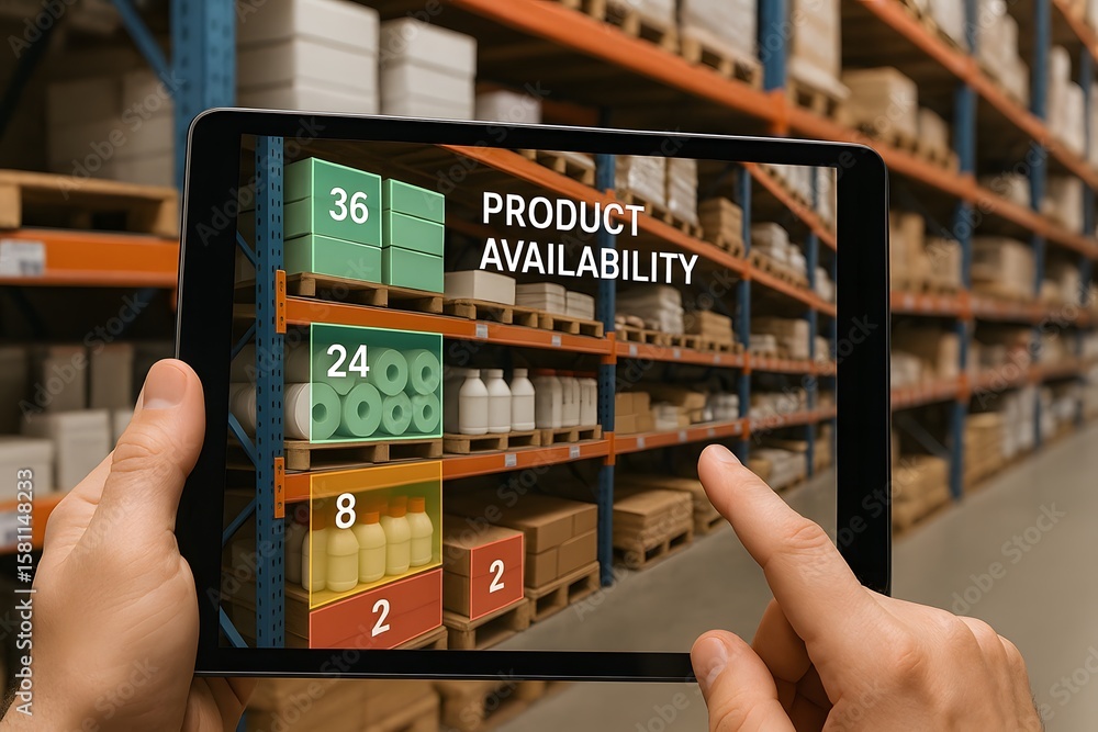 Poster an ar tablet view showing product availability counts on a warehouse shelf. concept of real-time inv