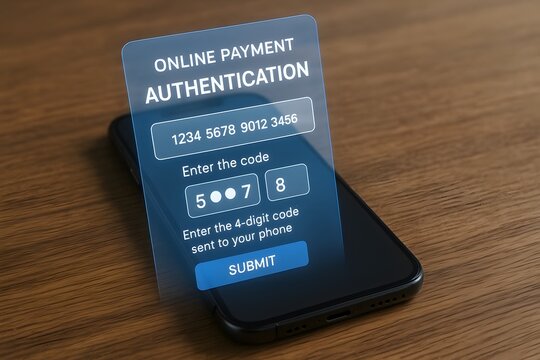 A smartphone screen projecting an online payment authentication form with a four-digit code input. Concept of mobile transaction security.