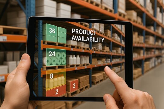 An AR tablet view showing product availability counts on a warehouse shelf. Concept of real-time inventory management.