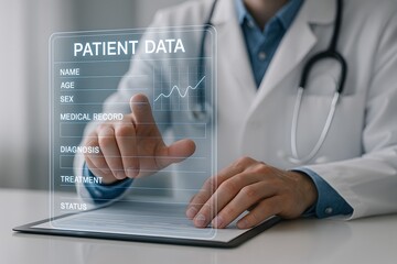 A doctor taps a translucent patient data sheet hovering above a tablet. Concept of augmented clinical record management.