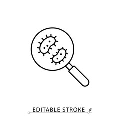 A zoom bacteria icon in minimalist style with editable stroke. Microbial cells under magnifying glass, germ inspection, infection analysis, microorganism detection, outline vector illustration.