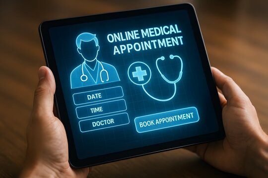 A tablet displays a holographic doctor profile with date and time fields for online medical appointment. Concept of telehealth scheduling convenience.