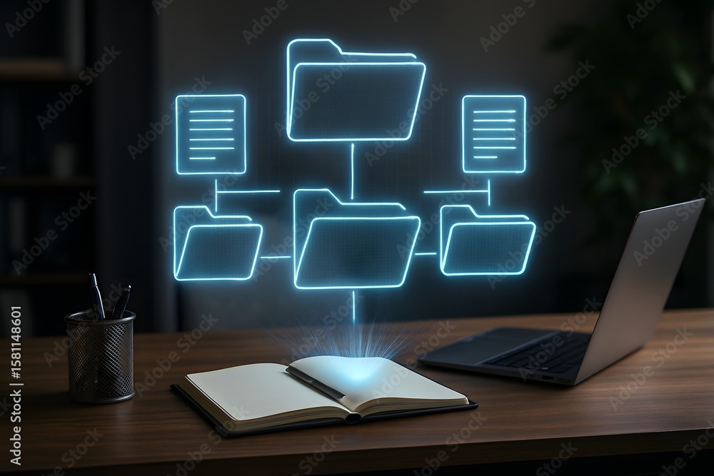 Poster conceptual illustration of digital data organization, showcasing the interplay between physical note