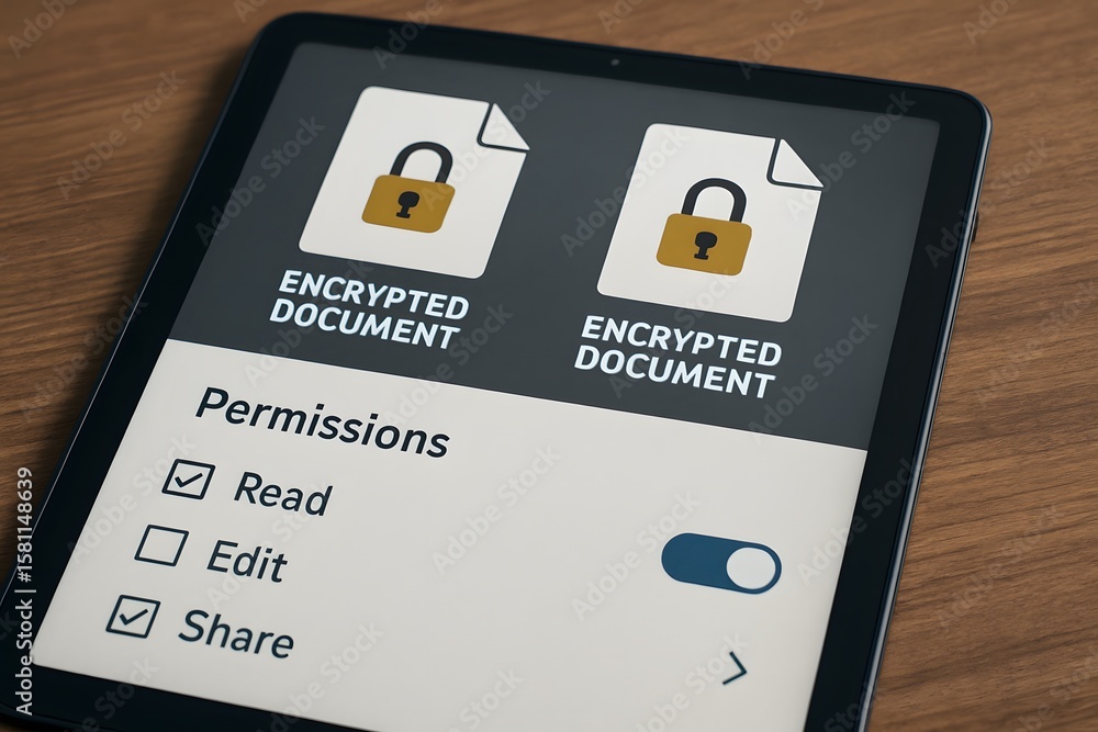 Poster a digital tablet showing encrypted document with permission options