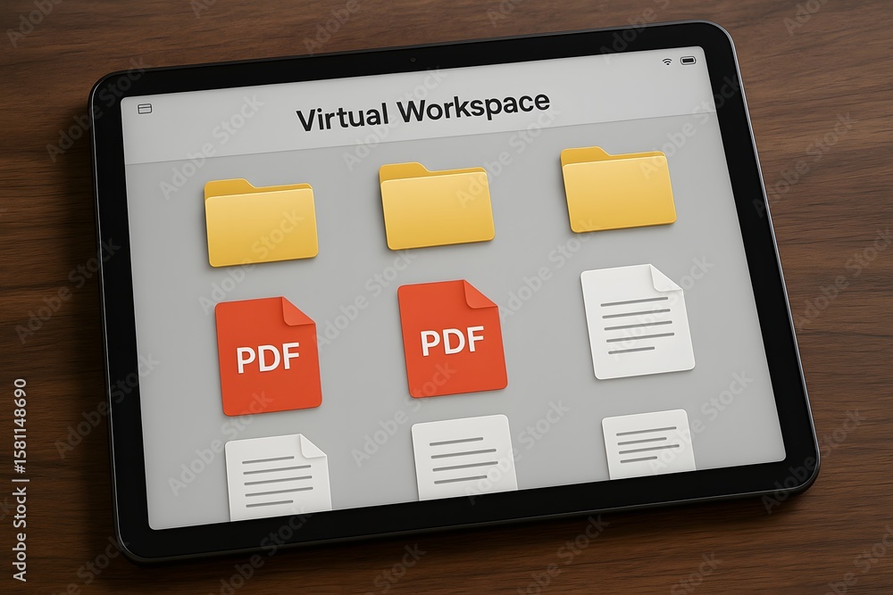 Poster a digital tablet displaying a virtual workspace with various file icons. the tablet is placed on a w